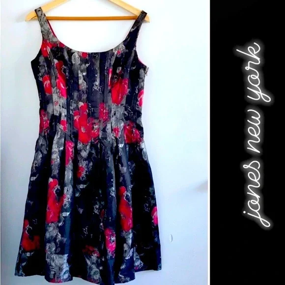 JONES NEW YORK KNEE LENGTH CORSET STYLE BODICE DRESS BLACK/RED/SILVER JONES NEW YORK KNEE LENGTH CORSET STYLE BODICE DRESS BLACK/RED/SILVER